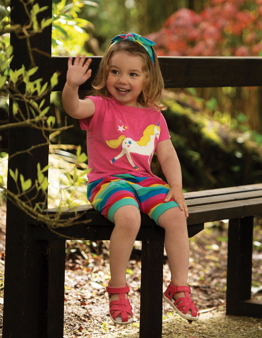 Frugi Sophia Applique Slub T-Shirt Short Sleeve - Flamingo/Unicorn