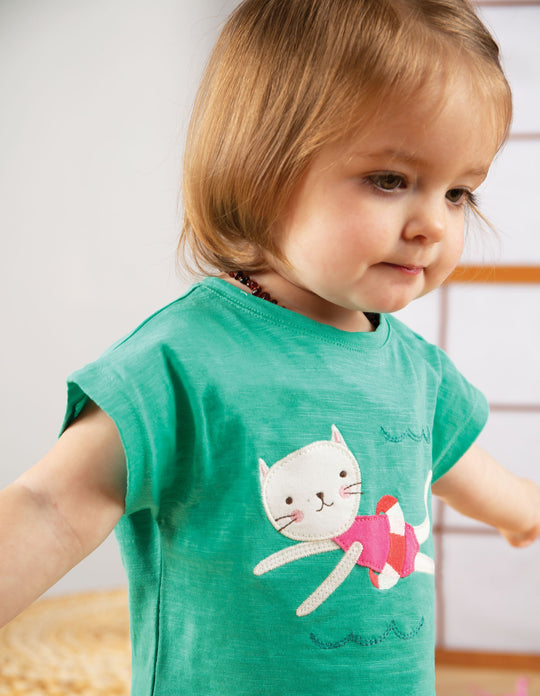 Frugi Sophia Slub T-Shirt Short Sleeve - Pacific Aqua/Cat