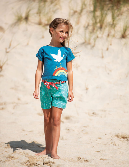 Frugi Sophia Applique Slub T-Shirt Short Sleeve - Steely Blue/Crane