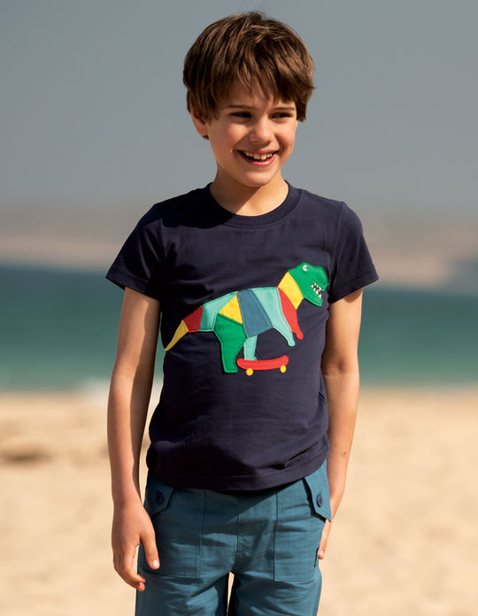 Frugi Stanley Applique T-Shirt Short Sleeve - Indigo/Dino