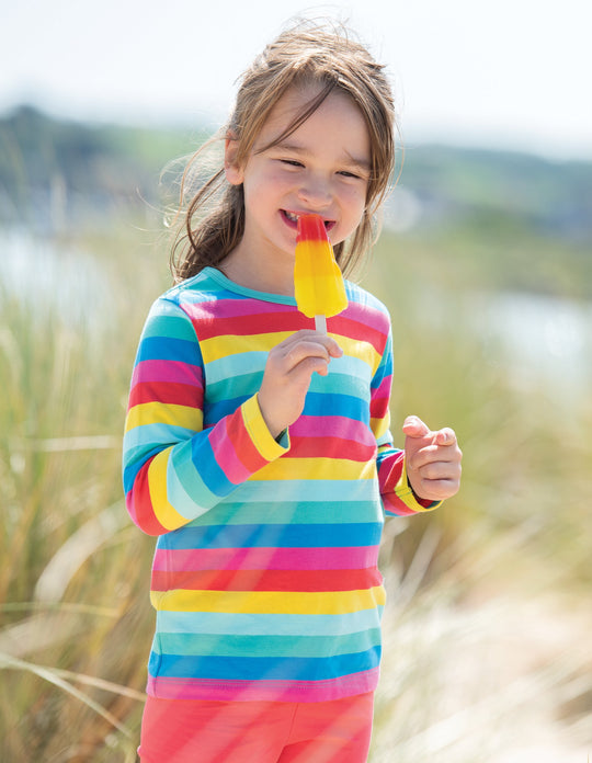 Frugi Everything Top Long Sleeve - Flamingo Multi Stripe