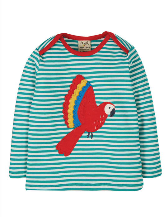 Frugi Bobby Applique Top Long Sleeve - Jewel Fine Stripe/Parakeet