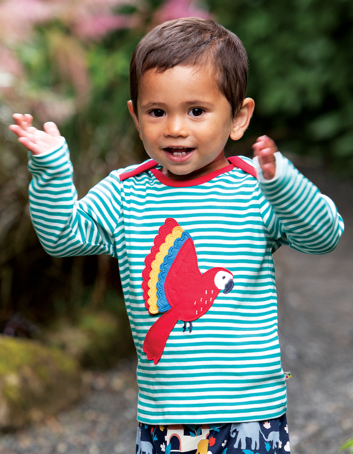 Frugi Bobby Top Long Sleeve - Jewel Fine Stripe/Parakeet Applique