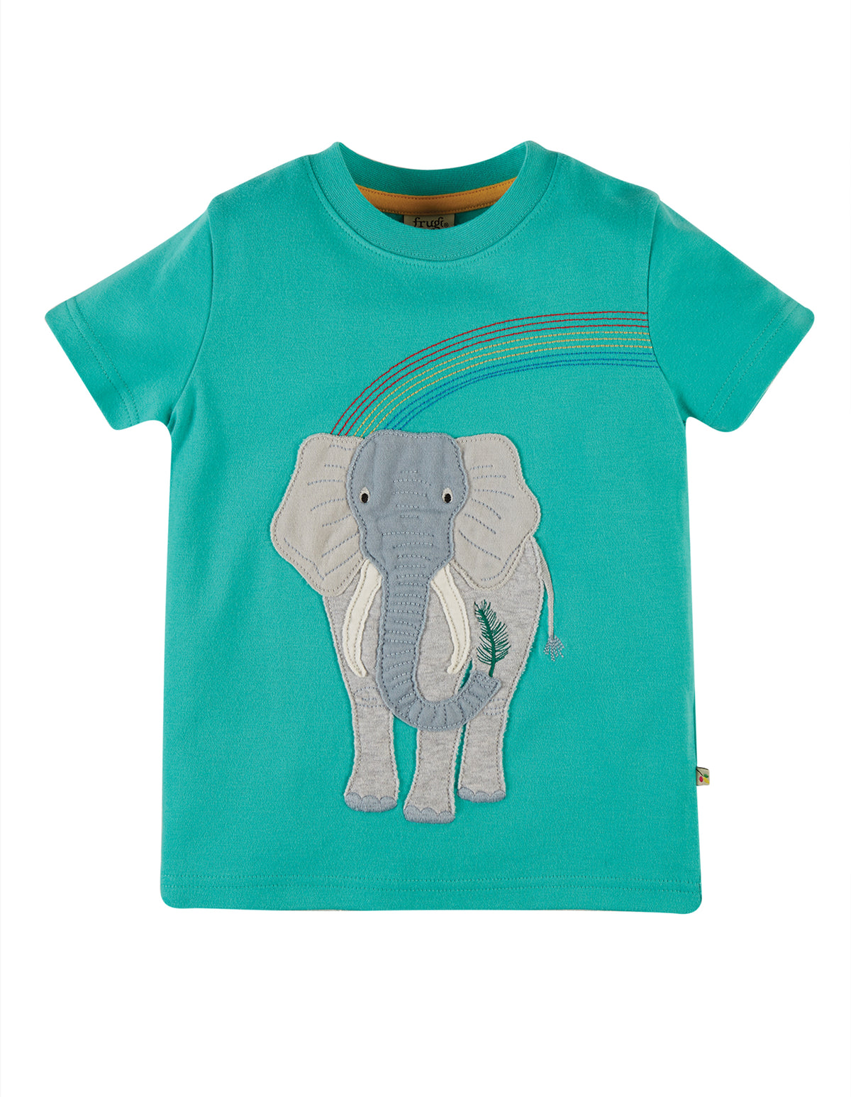 Frugi Carsen T-Shirt Short Sleeve - Pacific Aqua/Elephant Applique