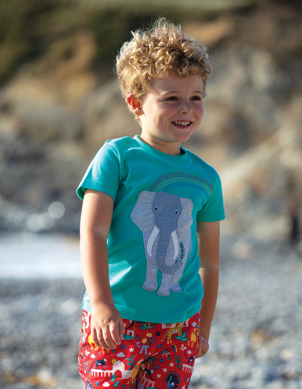 Frugi Carsen T-Shirt Short Sleeve - Pacific Aqua/Elephant Applique