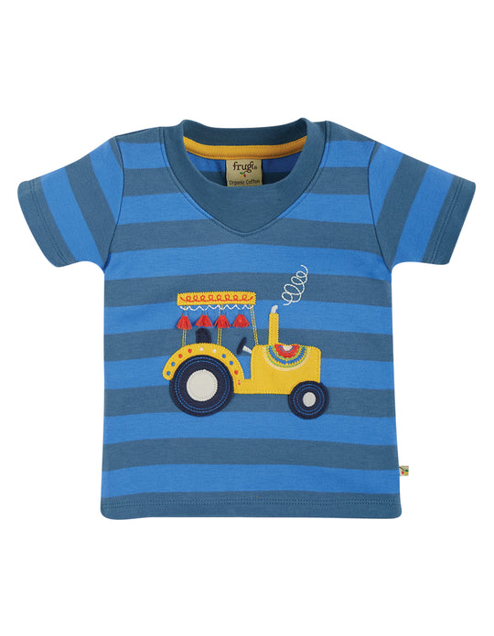 Frugi Easy On Applique T-Shirt Short Sleeve - Blue Stripe/Tractor