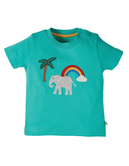 Frugi Little Creature Applique Top Short Sleeve - Pacific Aqua/Elephant