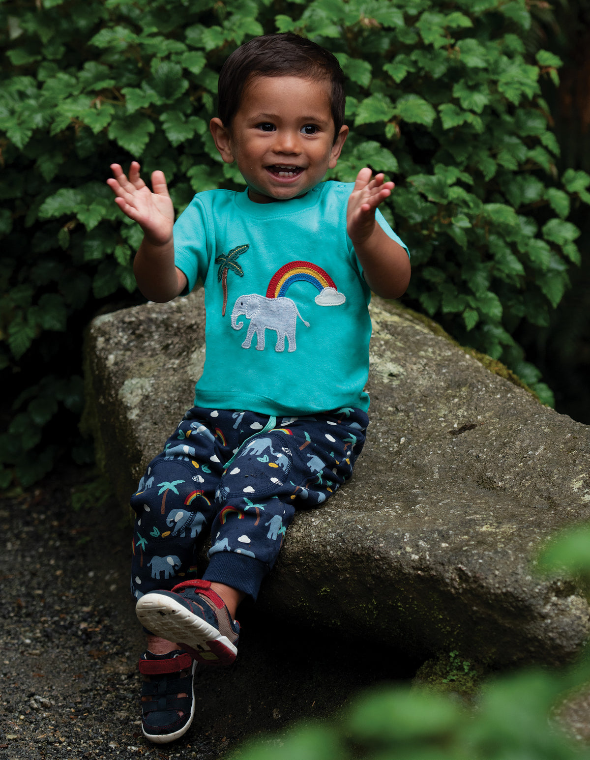 Frugi Little Creature Top Short Sleeve - Pacific Aqua/Elephant Applique