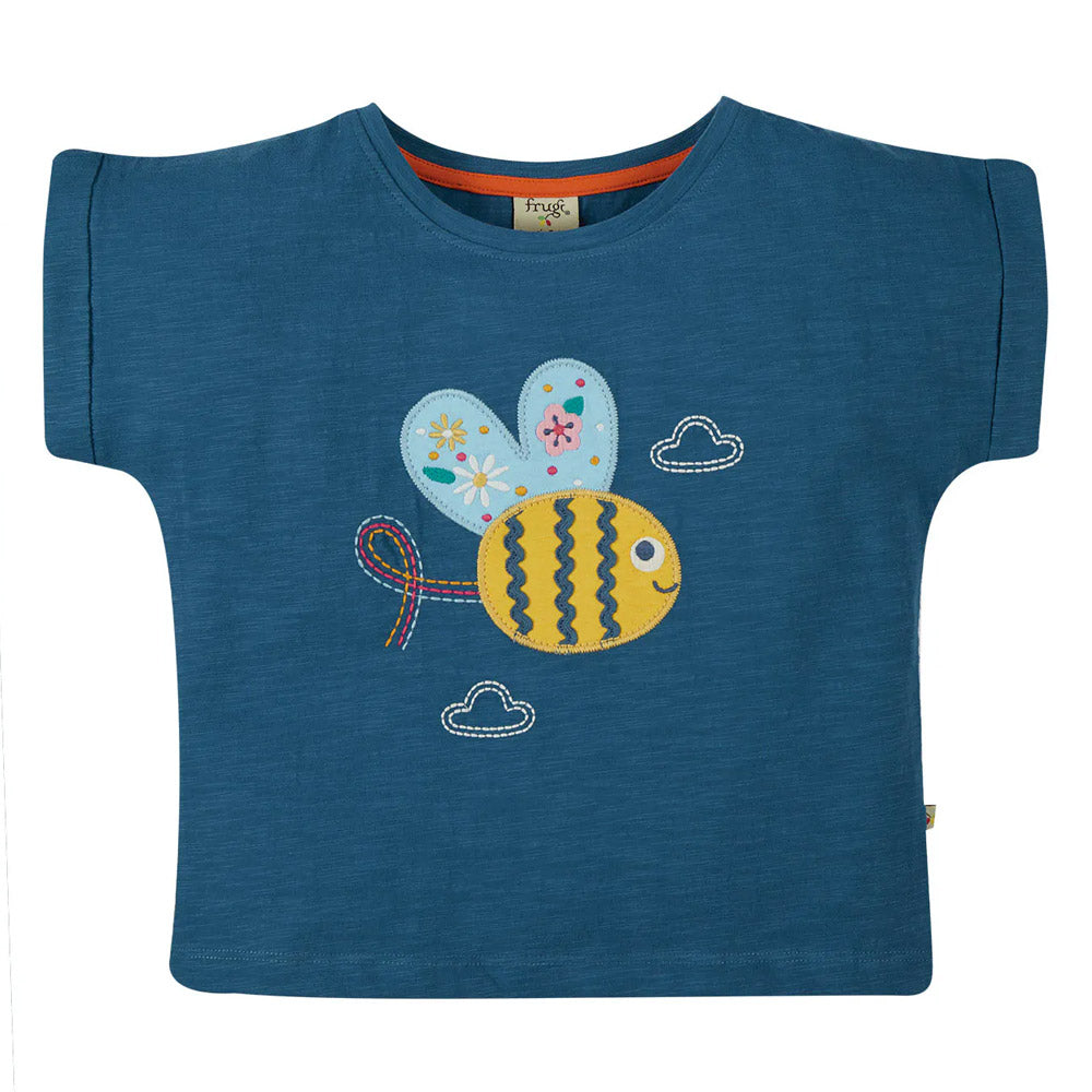 Frugi Sophia Slub T-Shirt Short Sleeve - India Ink/Bee Applique