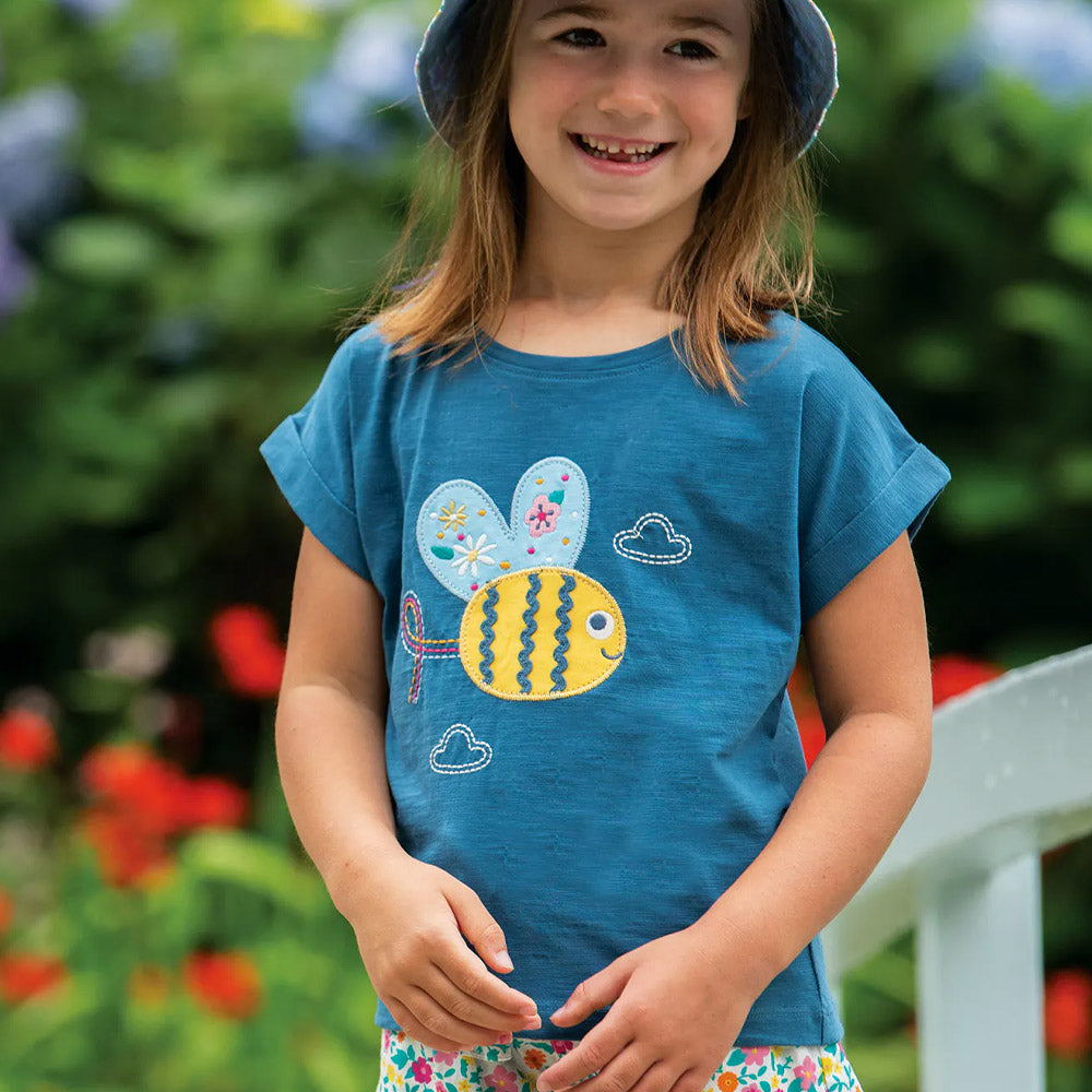 Frugi Sophia Slub T-Shirt Short Sleeve - India Ink/Bee Applique