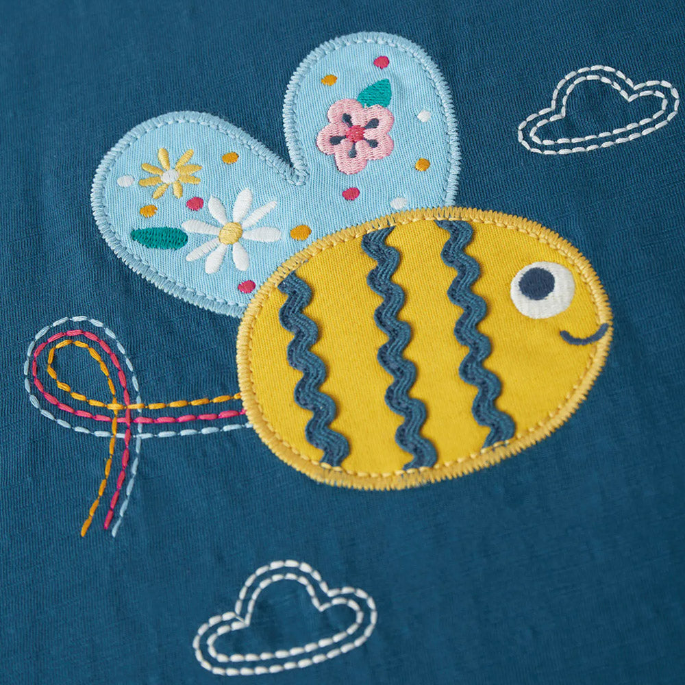 Frugi Sophia Slub T-Shirt Short Sleeve - India Ink/Bee Applique