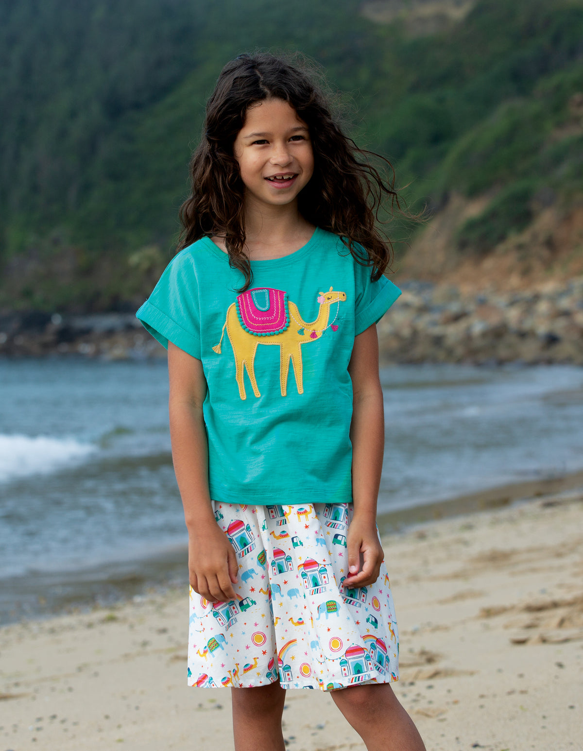 Frugi Sophia Slub T-Shirt Short Sleeve - Pacific Aqua/ Camel Applique