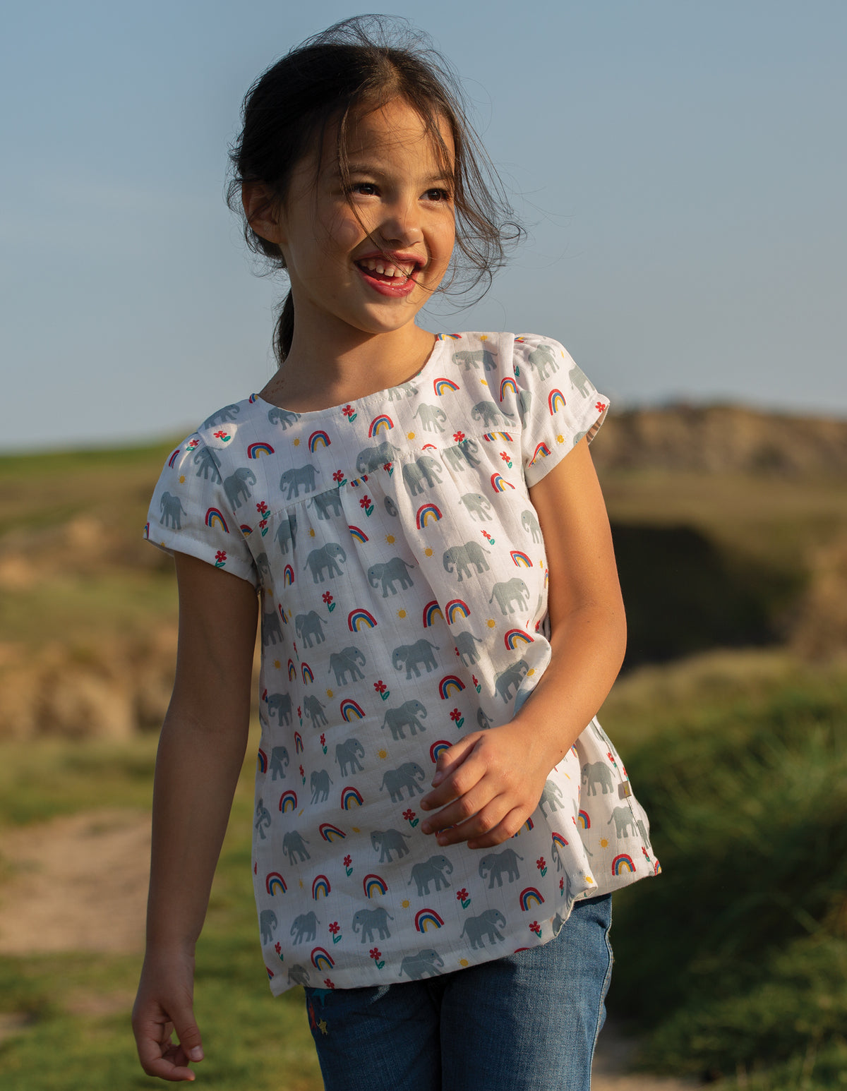Frugi Meg Muslin Top Short Sleeve - Elephants