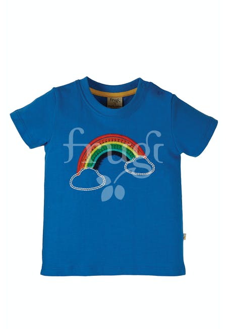 Frugi Avery Applique Short Sleeve Top - Colbalt/Rainbow