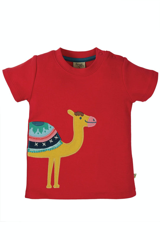 Frugi Little Creature Applique Top Short Sleeve - True Red/Camel
