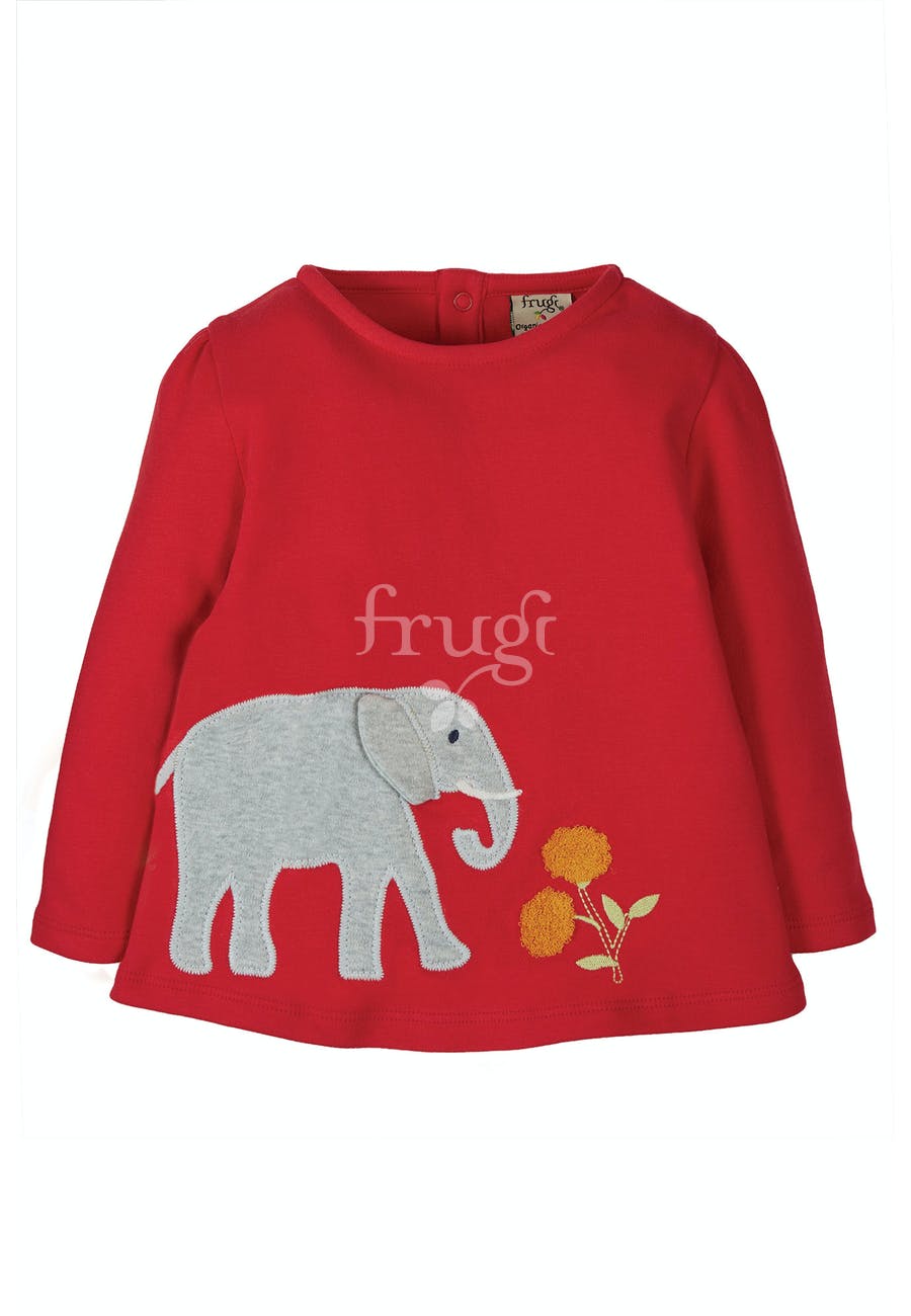 Frugi Connie Top Long Sleeve - True Red/Elephant Applique