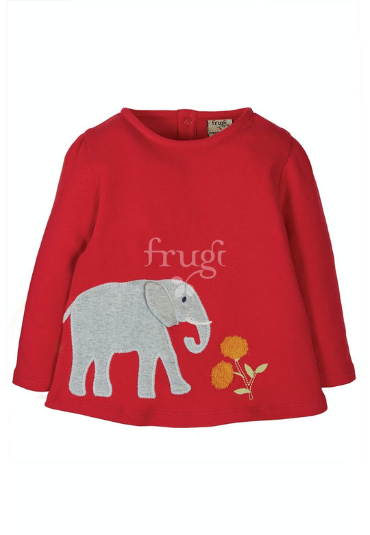Frugi Connie Applique Top Long Sleeve - True Red/Elephant