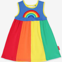 Toby Tiger Organic Pinafore Dress Sleeveless - Multi Stripe Rainbow Applique