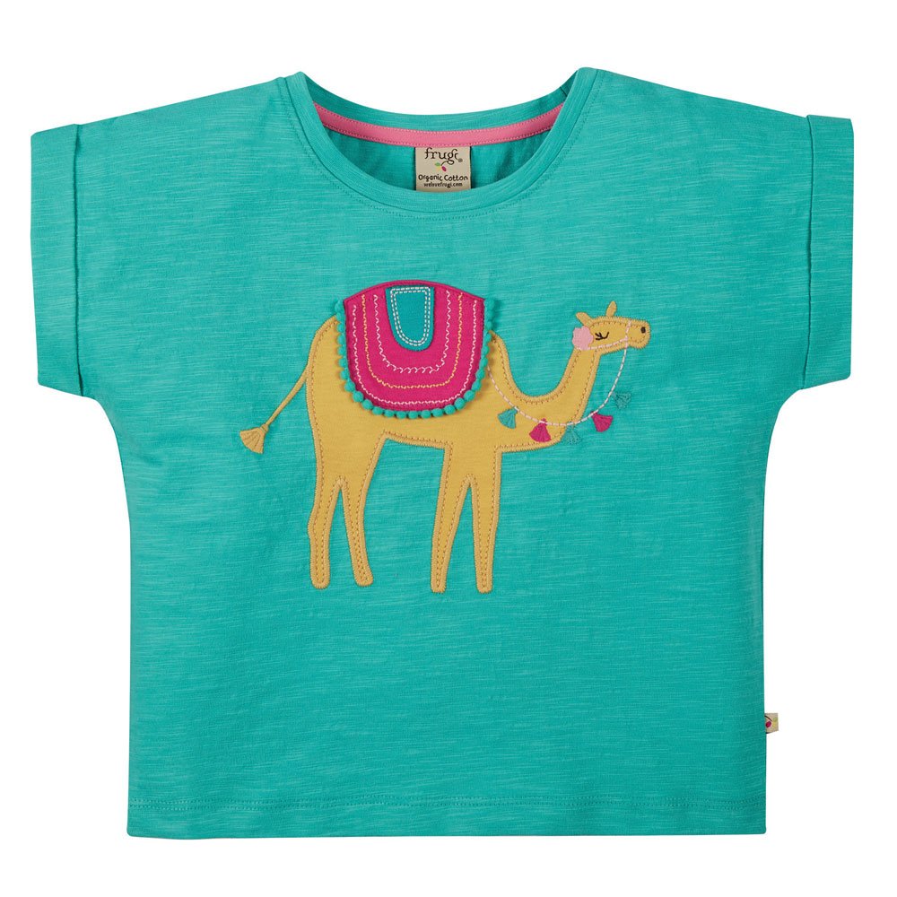 Frugi Sophia Slub T-Shirt Short Sleeve - Pacific Aqua/ Camel Applique