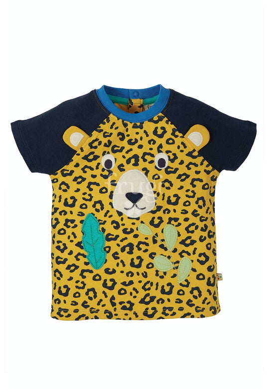 Frugi Happy Applique Raglan T-Shirt Short Sleeve - Leopard Spot