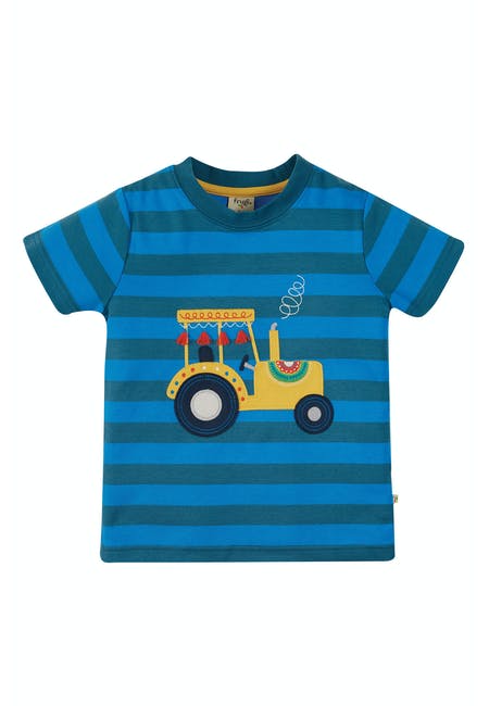 Frugi Sid T-Shirt Short Sleeve - Blue Stripe/Tractor Applique